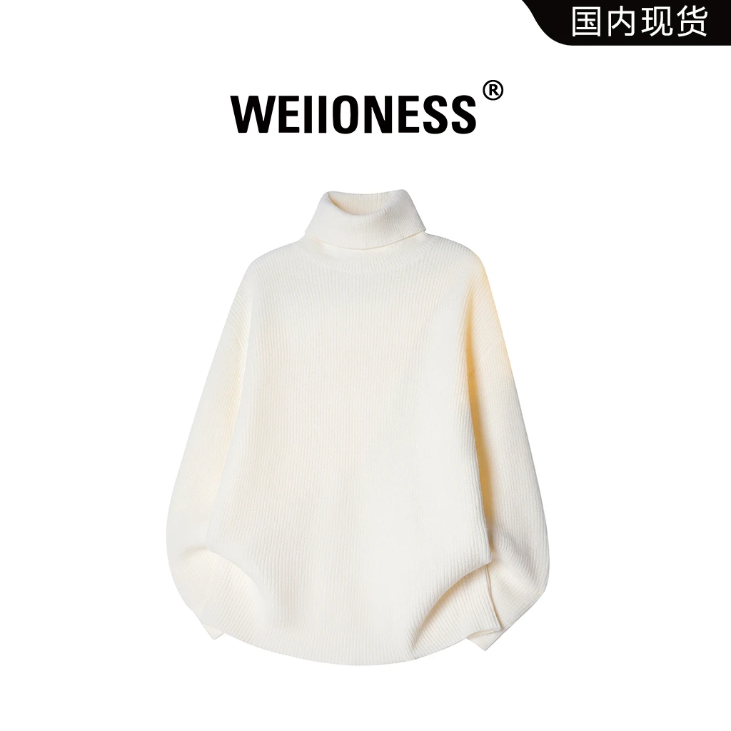 WEIIONESS纯色半高领翻领毛衣男秋冬保暖针织轻奢上衣慵懒风男装