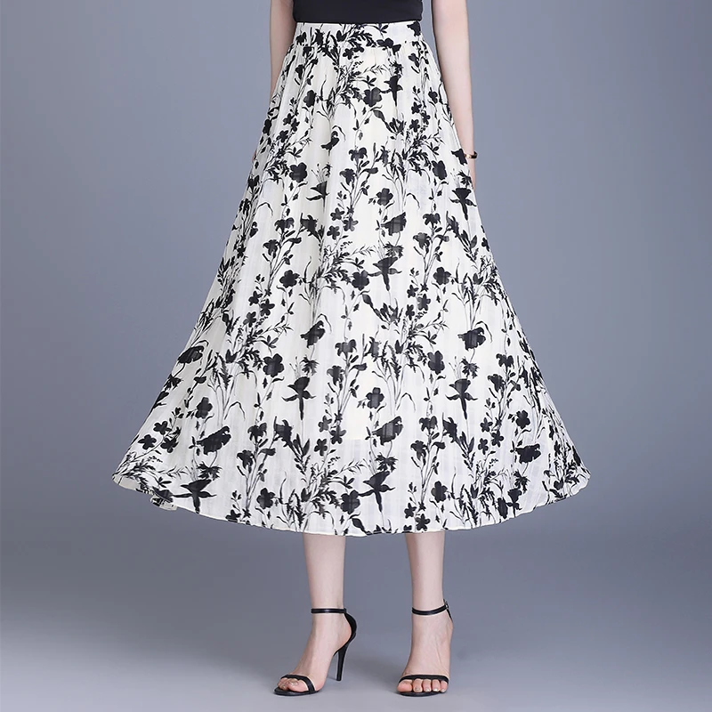 印花裙子女2025新款水墨碎花半身裙中长款夏季雪纺气质高腰a字裙