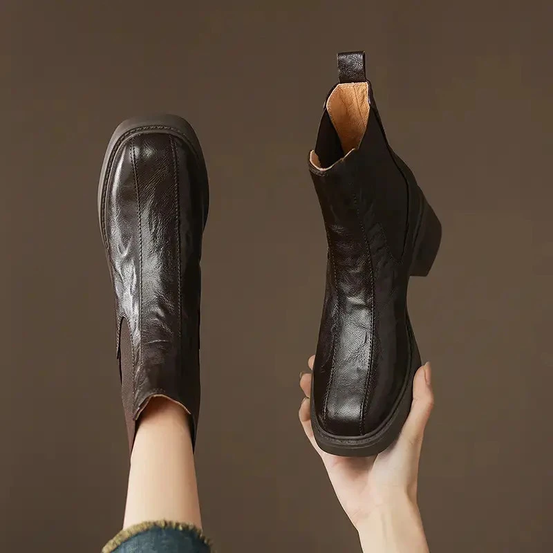 【XY】M006牛皮手工靴英伦风方头弹力靴短靴