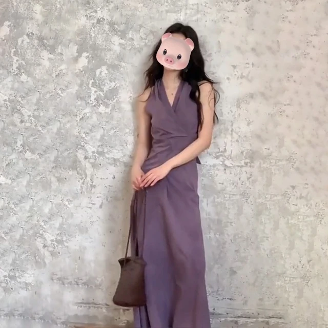 韩版纯欲风V领紫色连衣裙女2025夏季新款背心裙风情万种的裙子潮