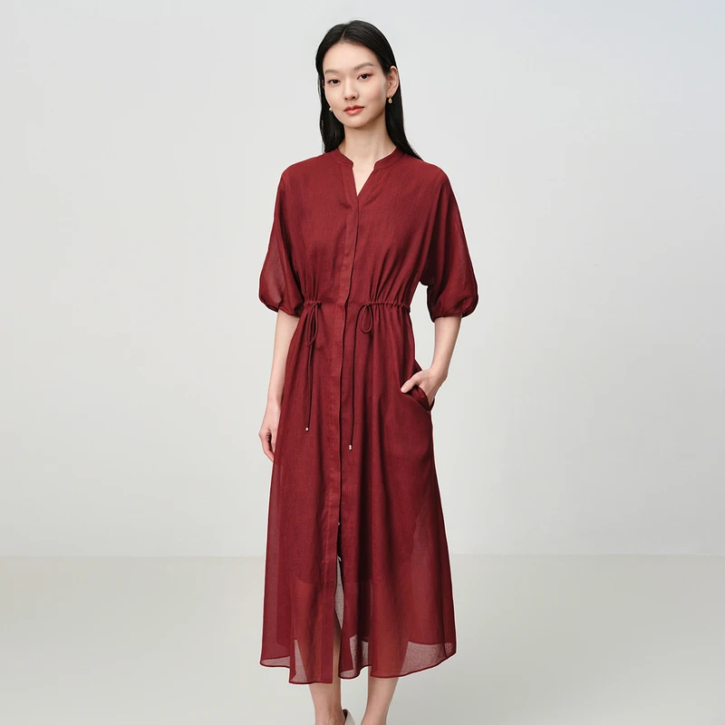 EP雅莹新款女装 车厘子红抽绳收腰显瘦A字连衣裙4302A