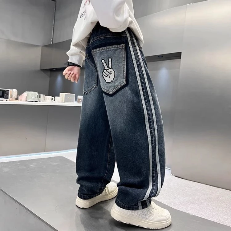 潮流穿搭~2025秋季男童韩系时髦中大童休闲拼接直筒牛仔裤10693