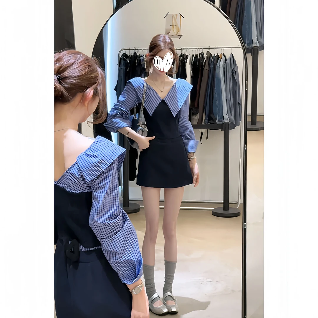 韩系高级感翻领条纹拼接假两件衬衫上衣女秋季修身半身裙短裙套装