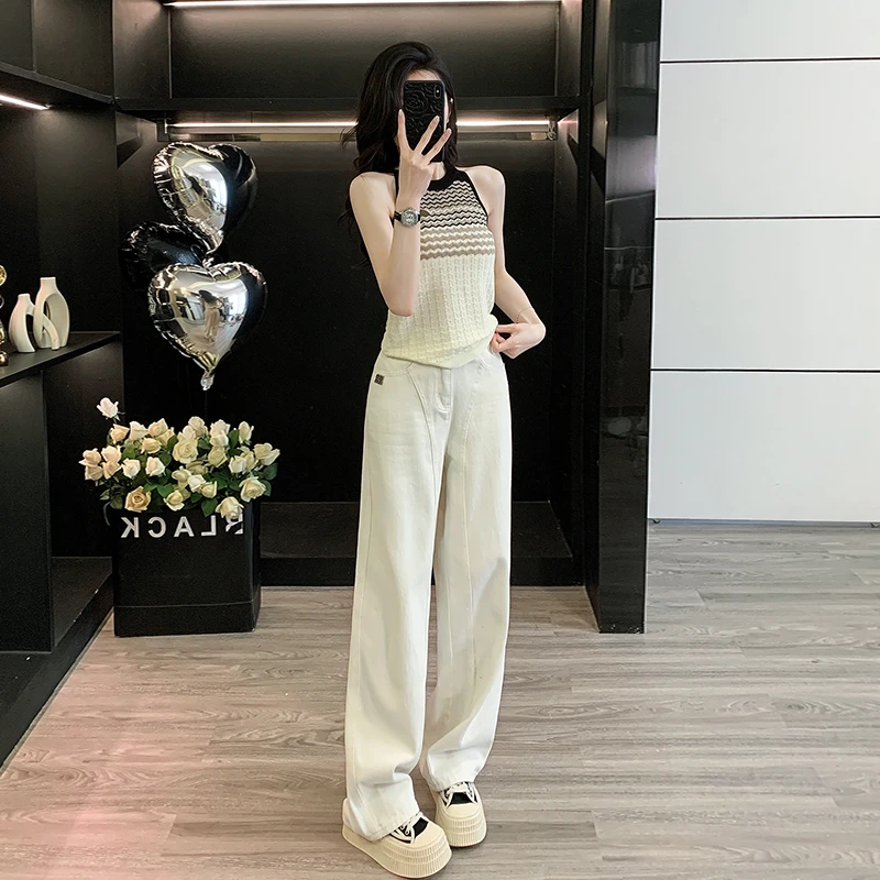 美式甜辣挂脖针织吊带小背心女夏季辣妹短款上衣宽松慵懒风阔腿裤