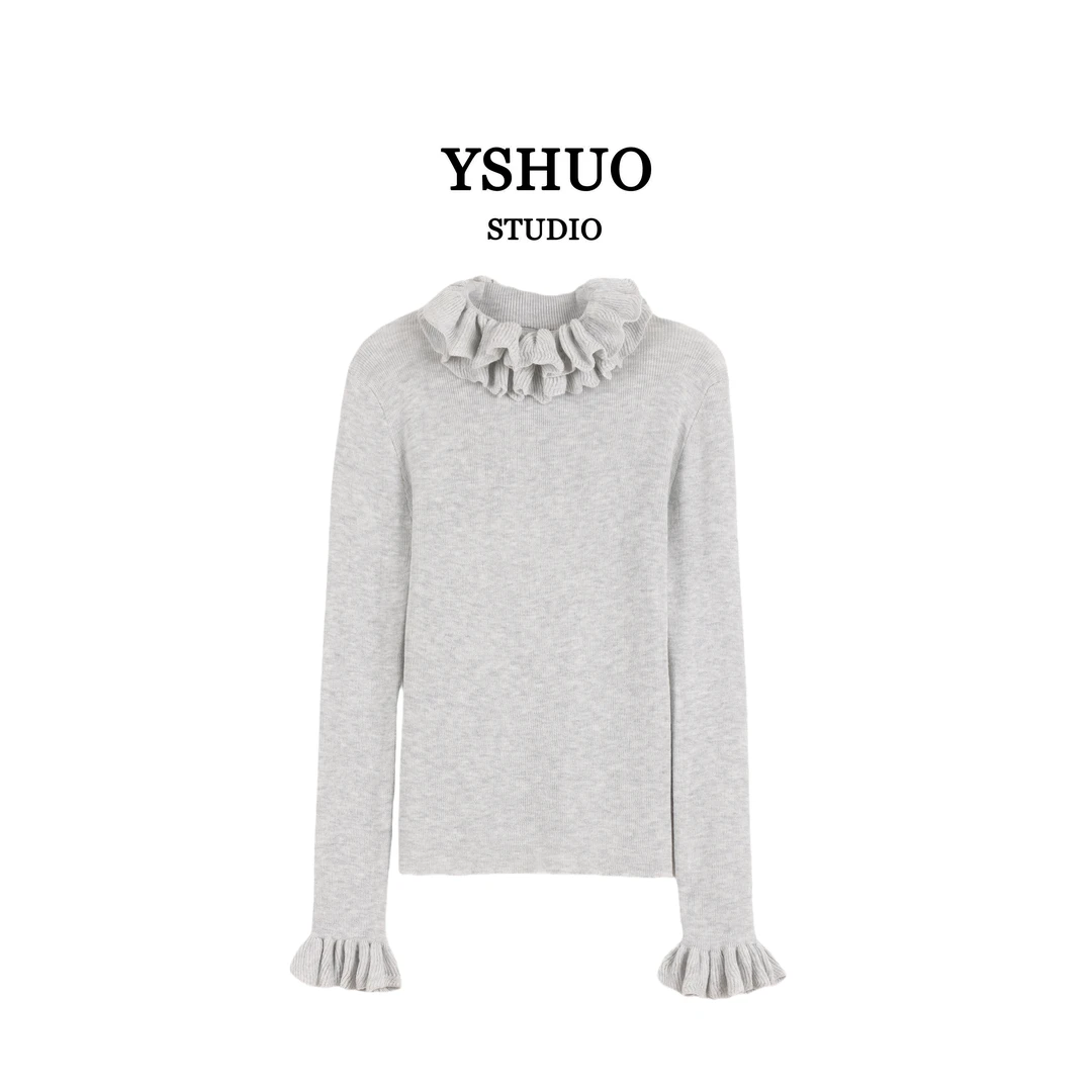 【繁花协奏】冬季复古港风花边荷叶领修身百搭打底衫 24873