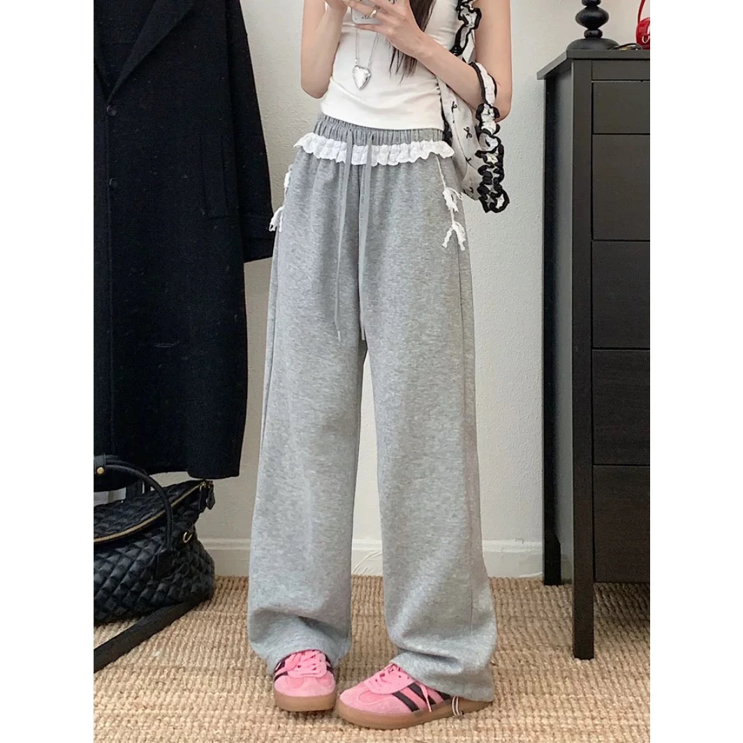 韩系松紧腰拼接阔腿裤