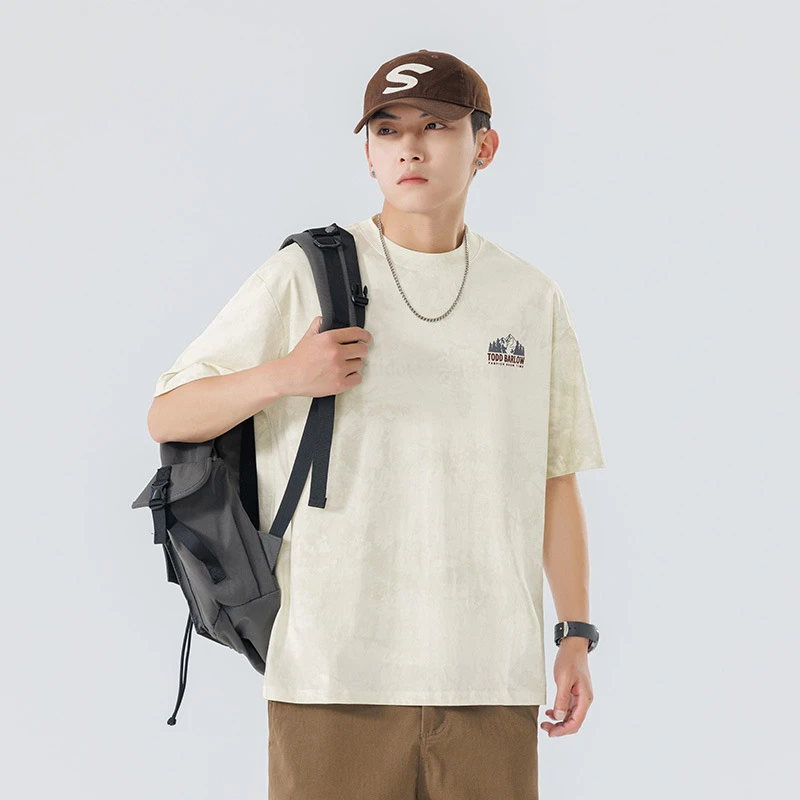 潮牌轧染男士T恤印花短袖男装夏季休闲短袖百搭简约宽松