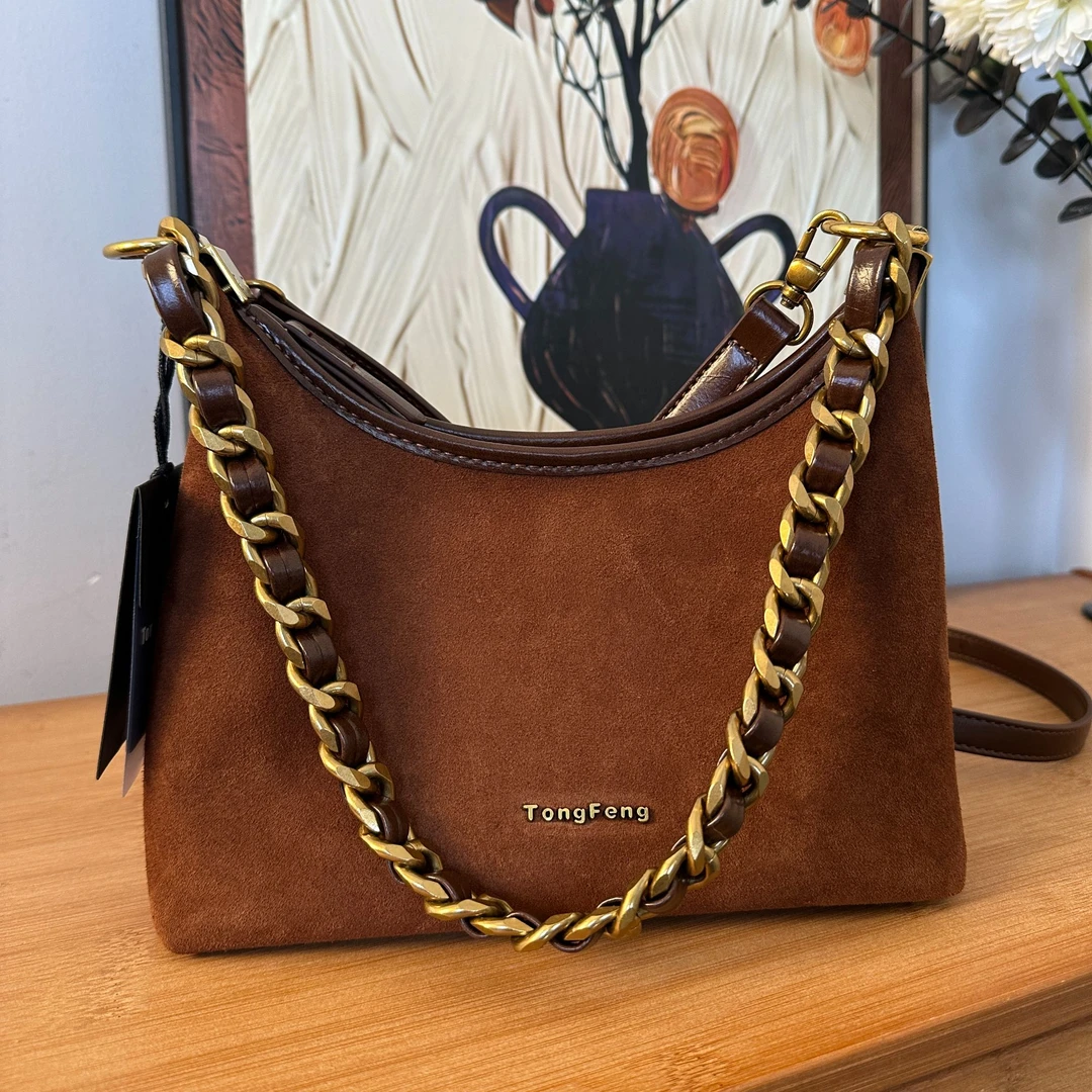 2025秋冬新款真磨砂皮轻奢软皮复古双面百搭包单肩斜挎包月牙包