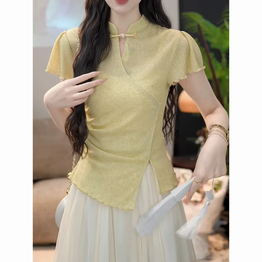新款中国风修身遮肉设计新中式立领短袖上衣2025夏季显瘦时尚减龄
