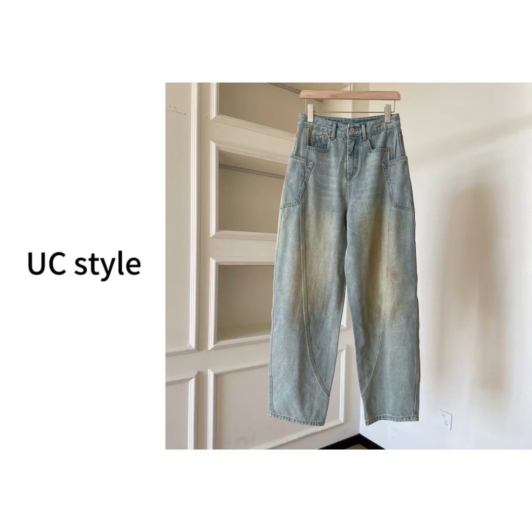 Q303【街头腔调】弯刀水洗做旧脏脏牛仔裤主播穿S码