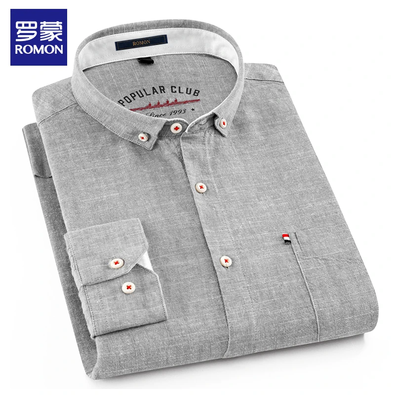 罗蒙高档春秋棉麻休闲衬衫新款男士长袖衬衣中青年灰色复古打底衫