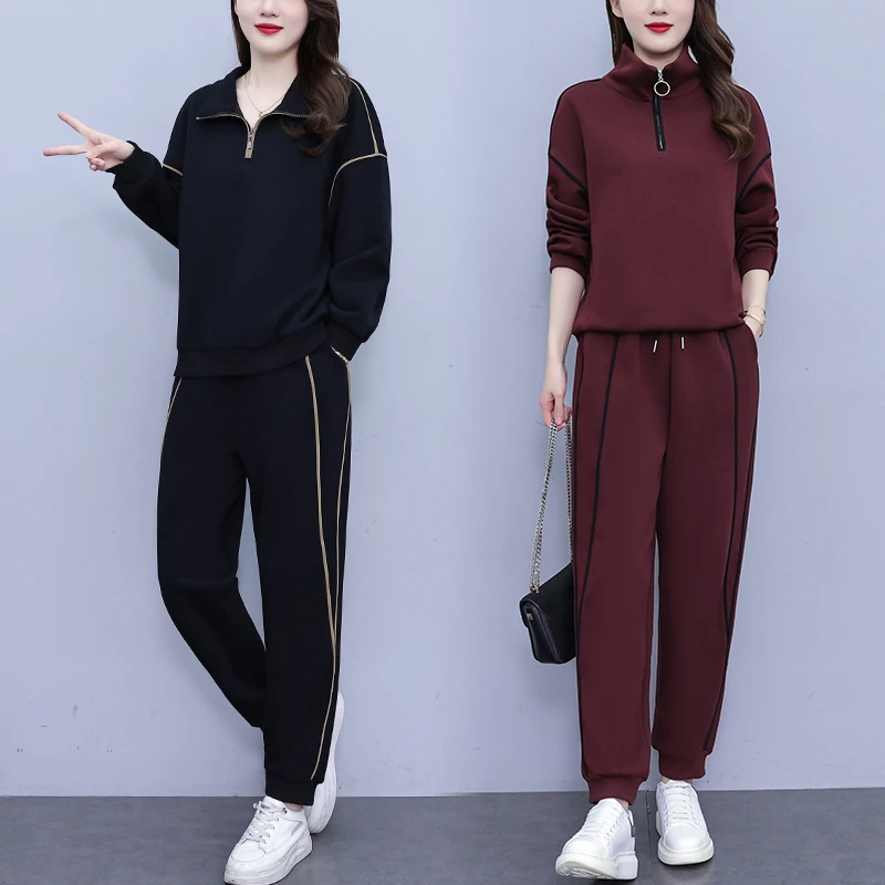 大码休闲运动套装秋季新款时尚洋气遮肚显瘦时尚卫衣两件BG#9282