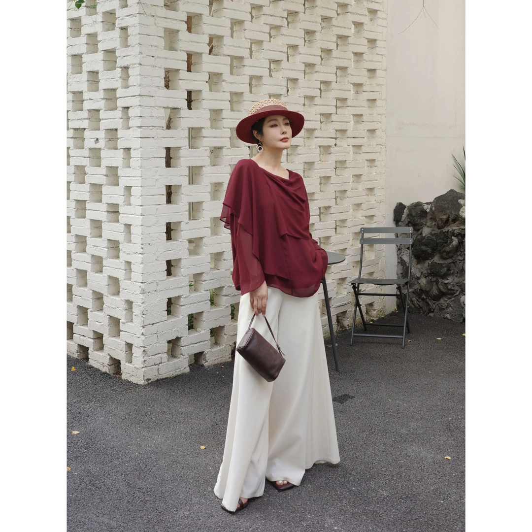 【勃艮第之约】复古佳人乔其纱立裁超仙荷叶斗蓬荡领衬衫夏秋（裱里）