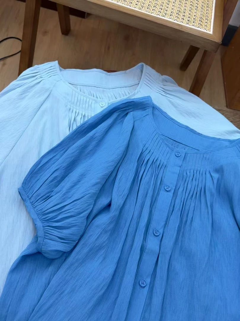 【法式高级感小衫】百搭优雅显瘦纯色褶皱设计衬衫-苋 18686(27228)