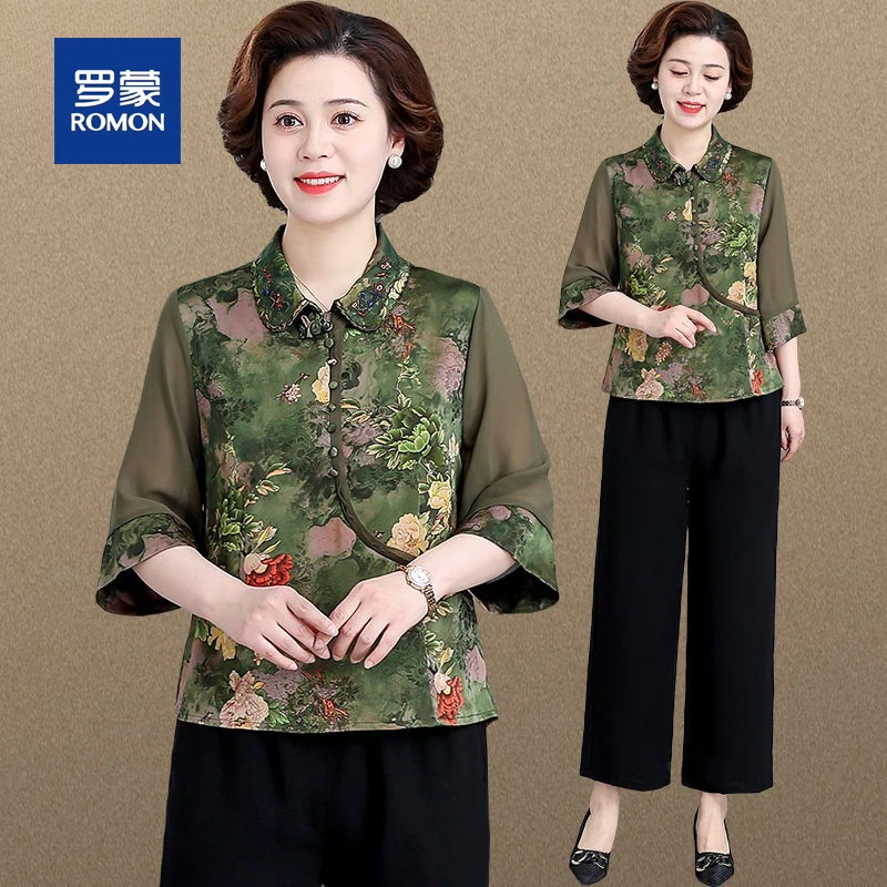 罗蒙大码妈妈夏装套装新款国风上衣女中老年奶奶装印花小衫两件套