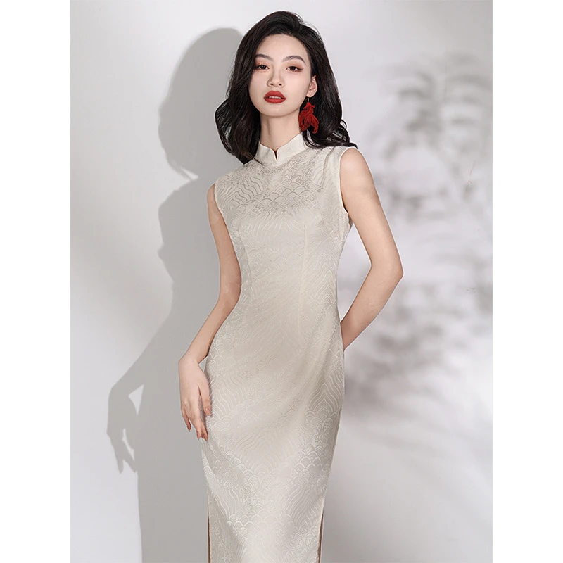 春夏季改良白色无袖旗袍新中式国风复古领证气质修身显瘦连衣裙女