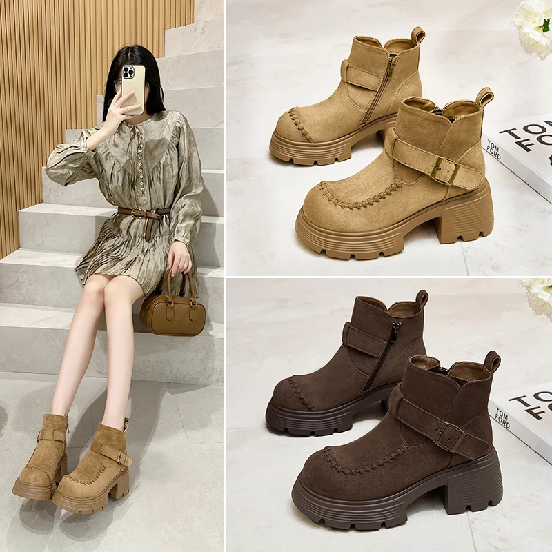 粗跟增高短靴女厚底小码3233新款秋季时尚马丁靴真皮高跟显高单靴