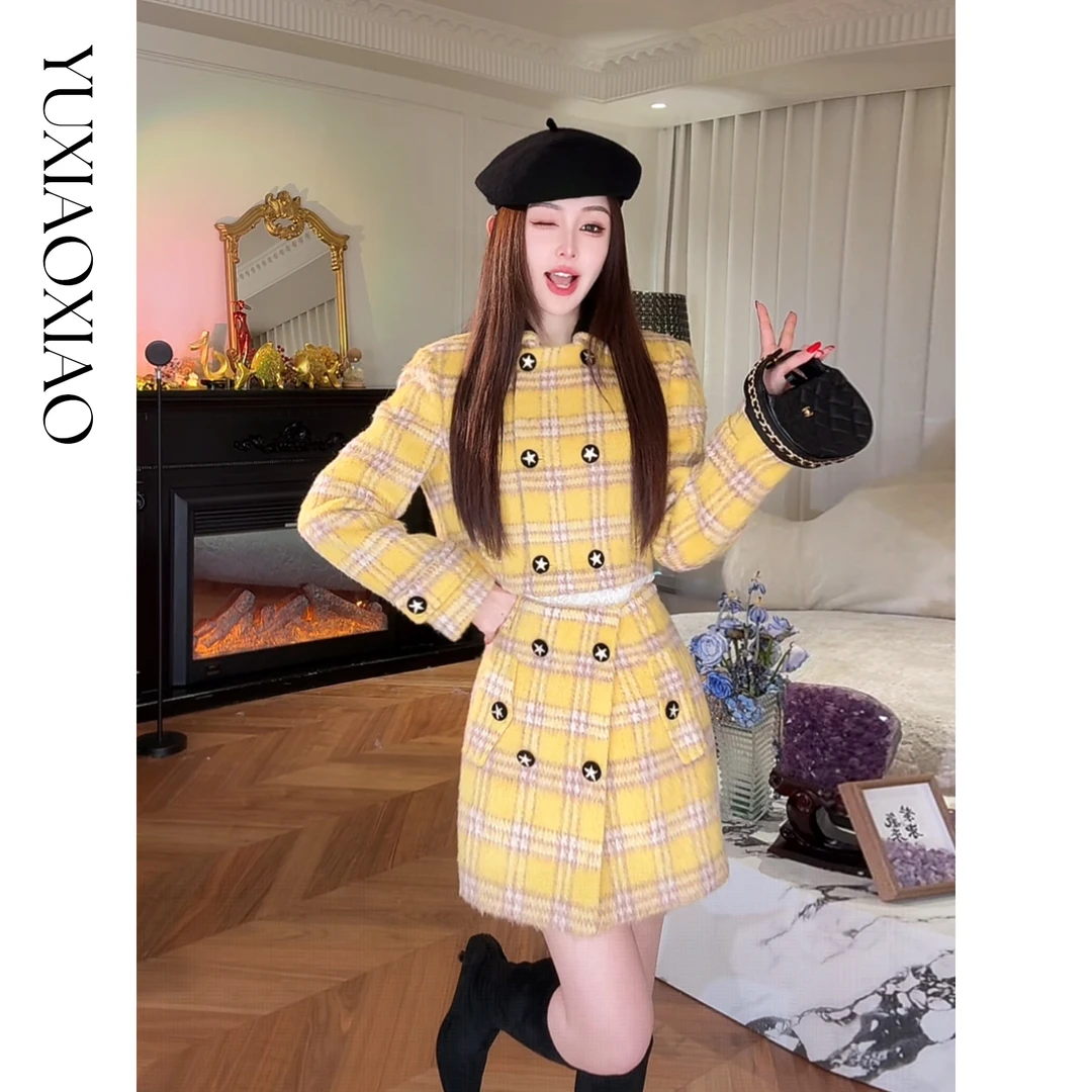 余潇潇【落日甜曲】绵羊毛混纺复古格纹毛呢短外套&A字短裙裤套装