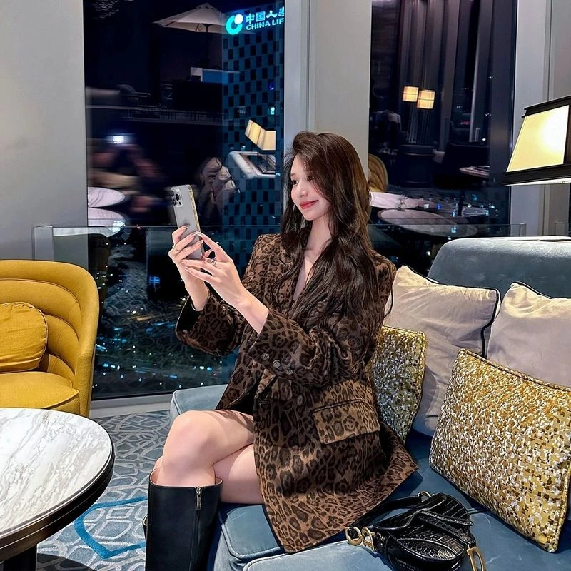 复古豹纹西装外套女2025春秋新款韩版宽松休闲百搭西服上衣