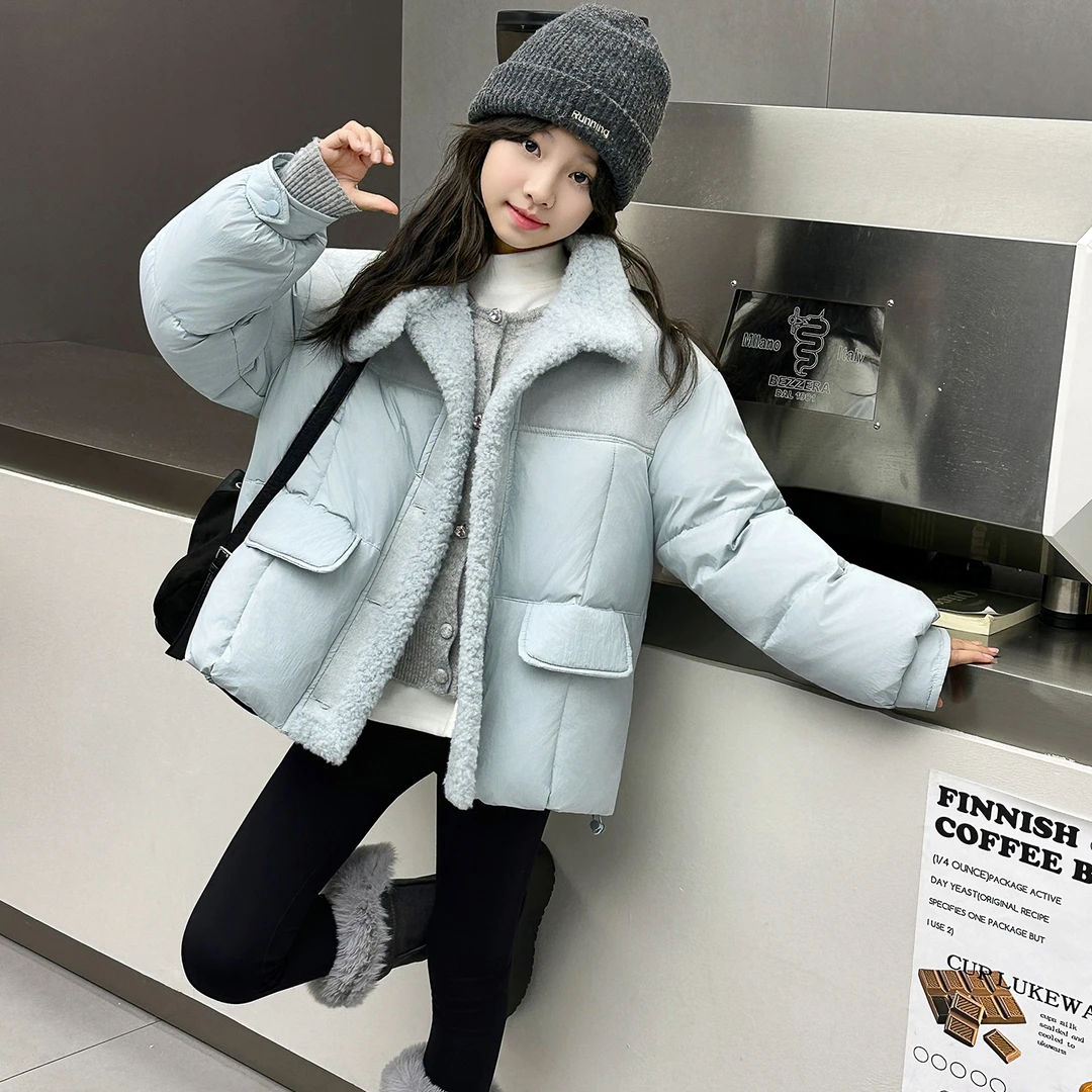 女童羊羔毛拼接翻领棉服2025新款6-12岁冬季加厚儿童衣服秋冬款