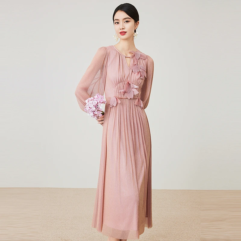 BADINA立体蝴蝶飘逸灵动淡粉优雅减龄连衣裙652U039