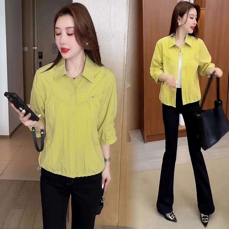 时尚中袖衬衫女2025夏季新款洋气宽松显瘦小个子百搭休闲开衫上衣