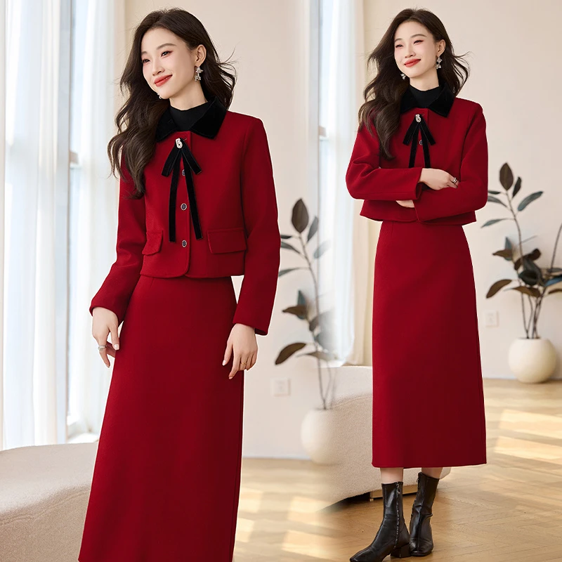 新品2025冬季新款两件套裙轻奢套装小香风外套玫瑰参加酒会的衣服