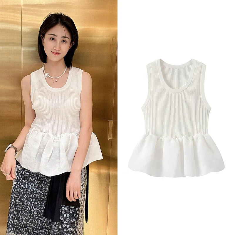 达芙笛【背心 】2025夏新款通勤无袖针织拼接荷叶边裙摆吊带A6398