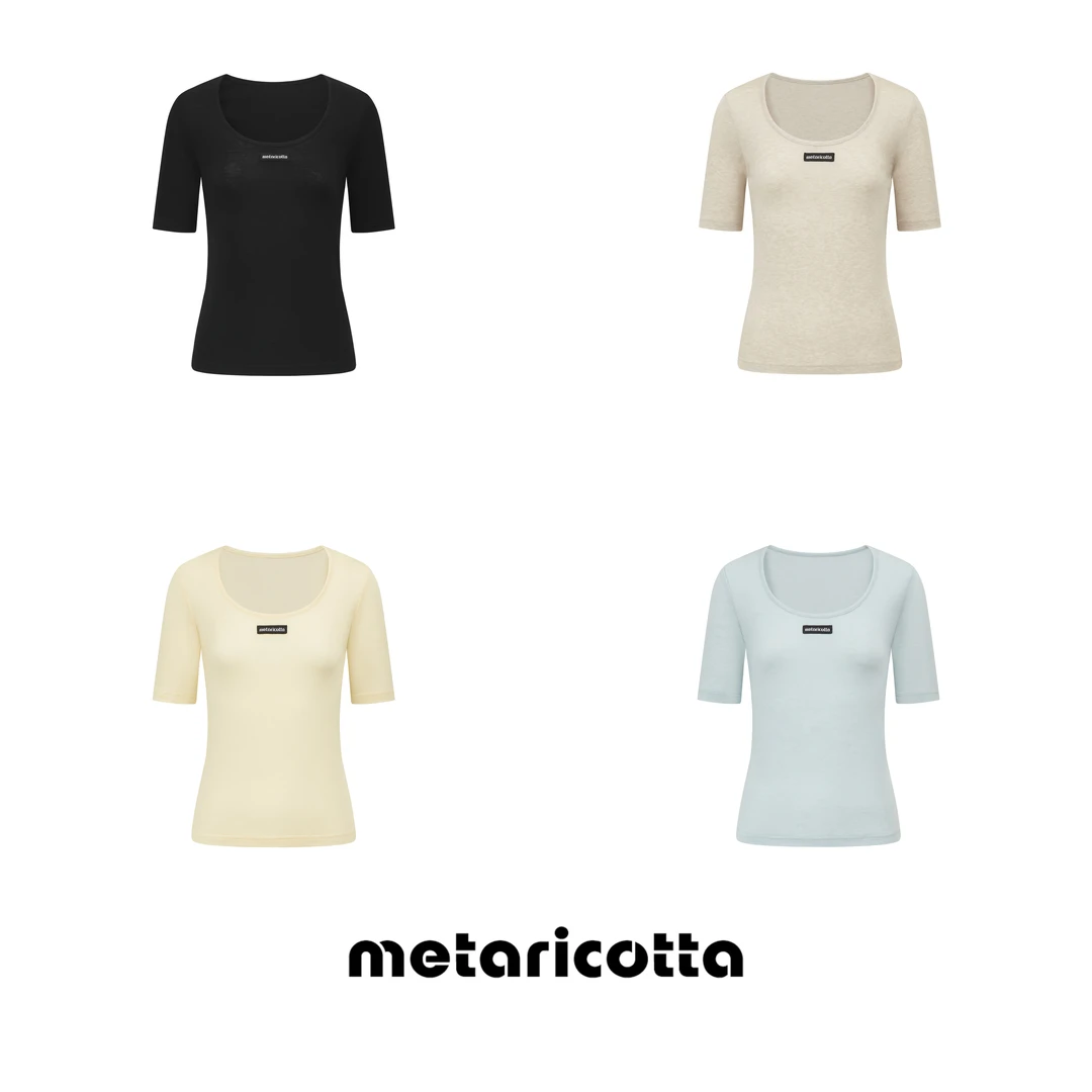 Metaricotta 天丝羊毛气质U领中袖T恤正肩显瘦收腰纯色上衣