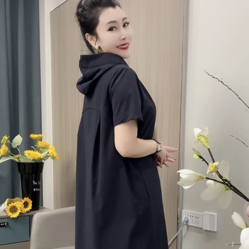 8842藏蓝色纯色洋气中长款连帽中长裙夏季韩版连衣裙常规