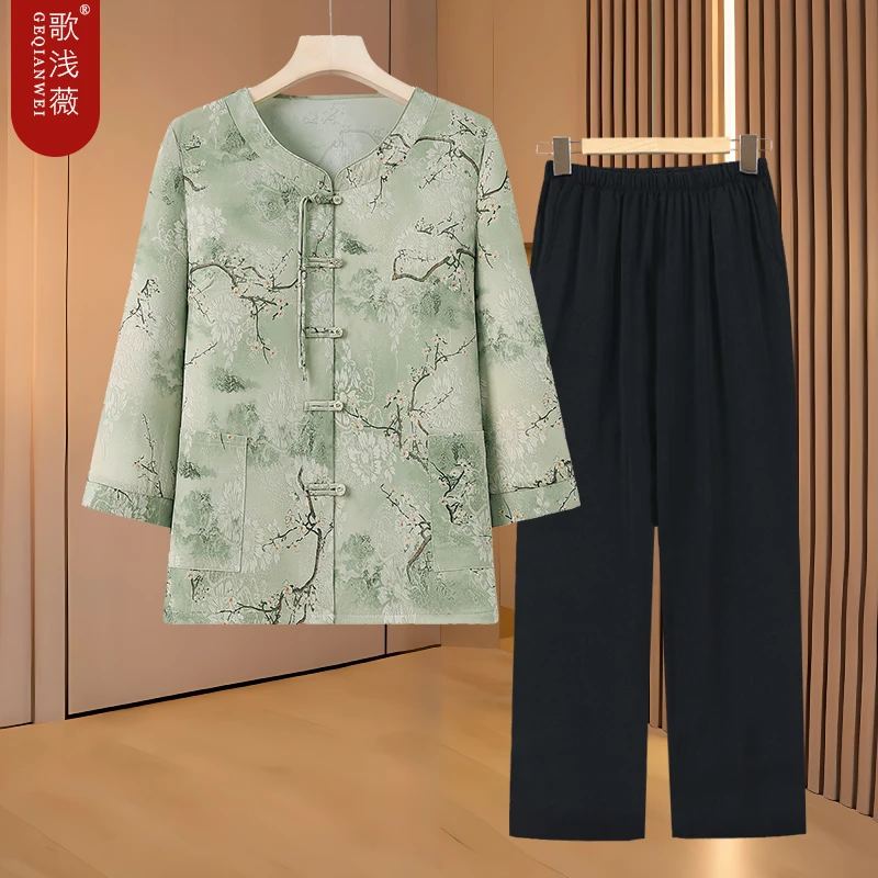 中老年人女大码七分袖春季衬衫国风妈妈大码上衣奶奶夏装中式衬衣