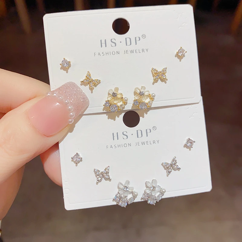 足银玻璃耳饰s925银针甜美小巧微镶锆石花朵耳钉组合轻奢精致百搭