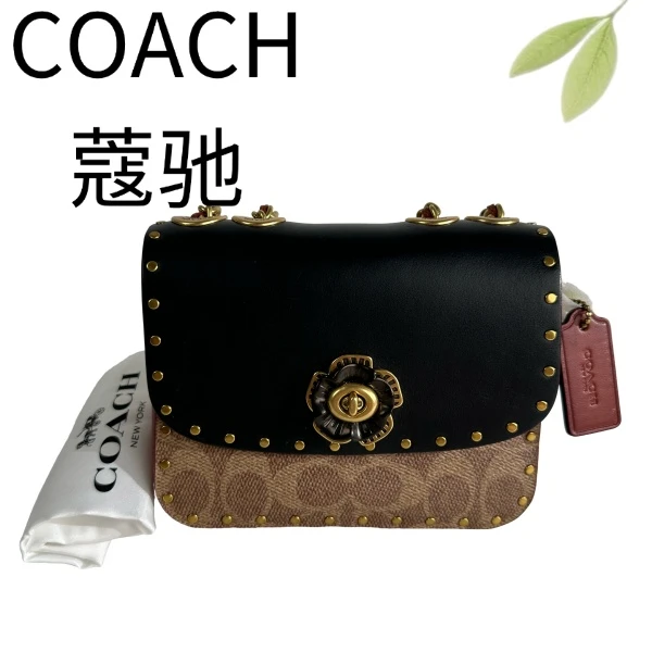 95新 COACH/蔻驰 黑盖老花山茶花斜挎包G25905184底长16X12