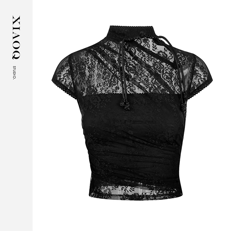 【小Q家】75067透气蕾丝新中式短款上衣