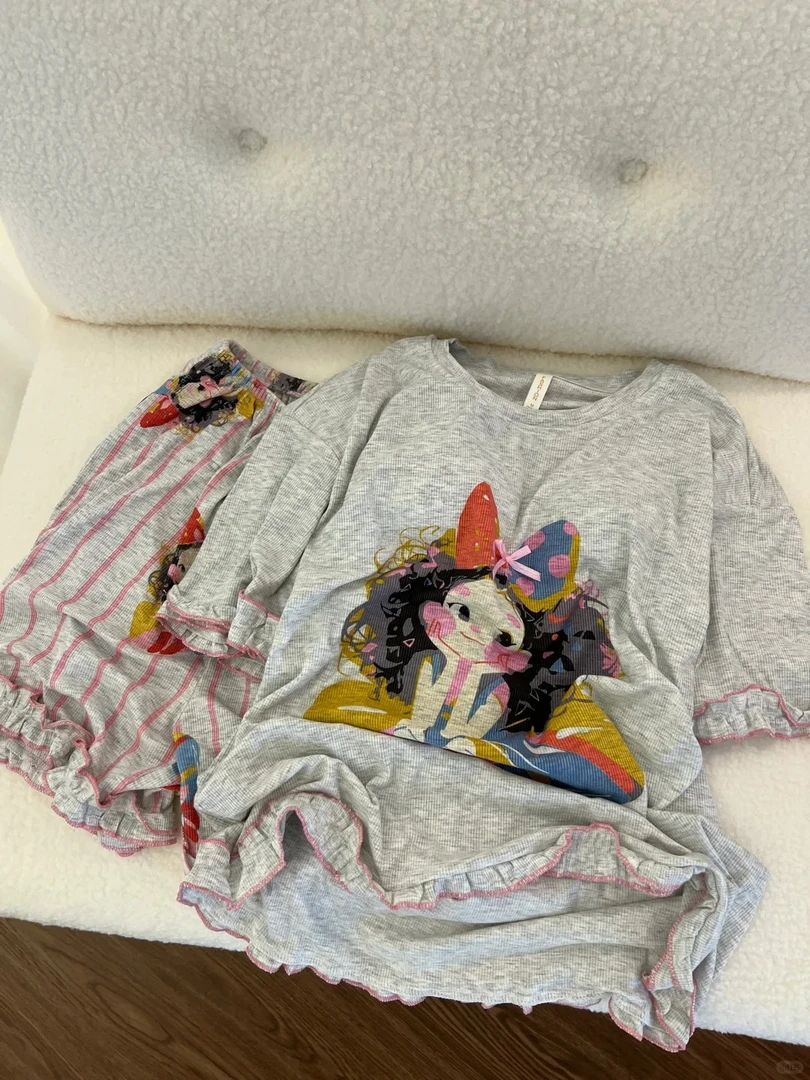 甜美风女孩韩版少女卡通短袖睡衣女夏季大码宽松套装新款家居服夏