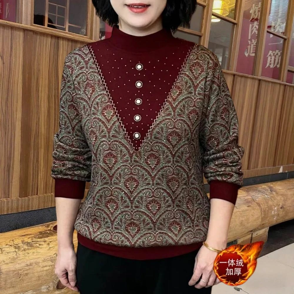 秋冬新款时尚烫钻加绒保暖长袖打底衫洋气妈妈减龄显瘦半高领上衣