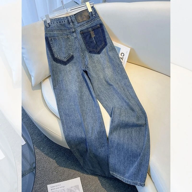 2024秋季新款潮牌女士宽松显瘦窄版直筒牛仔裤高腰阔腿裤女小个子
