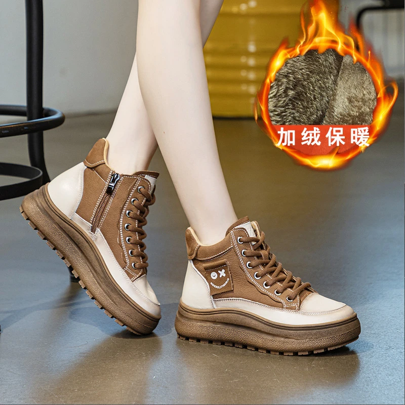 真皮头层牛皮厚底瘦瘦靴圆头系带侧拉链靴子2026年棉鞋休闲短靴