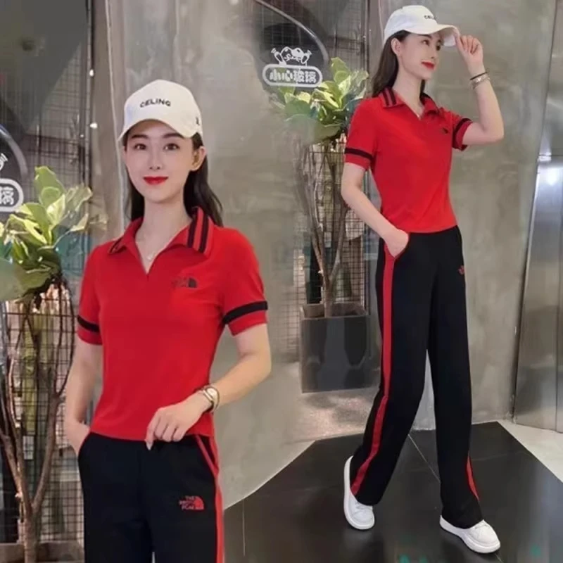 拉夏贝尔运动休闲套装女2025夏新款时领短袖宽松显瘦阔腿裤两件套