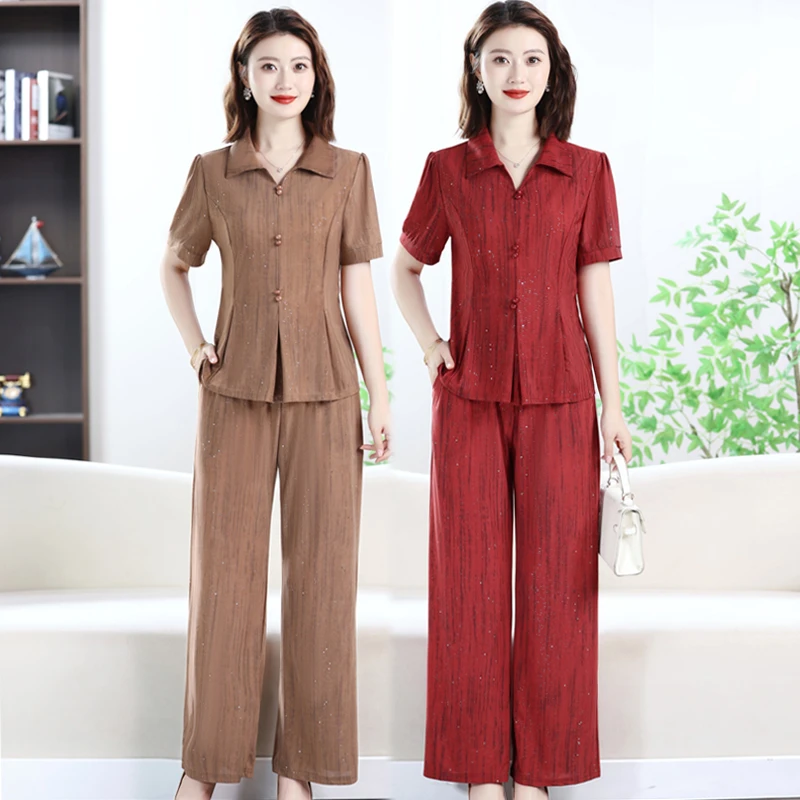 时尚套装裤子夏季上衣中老年女装休闲洋气阔腿裤大码妈妈装短袖