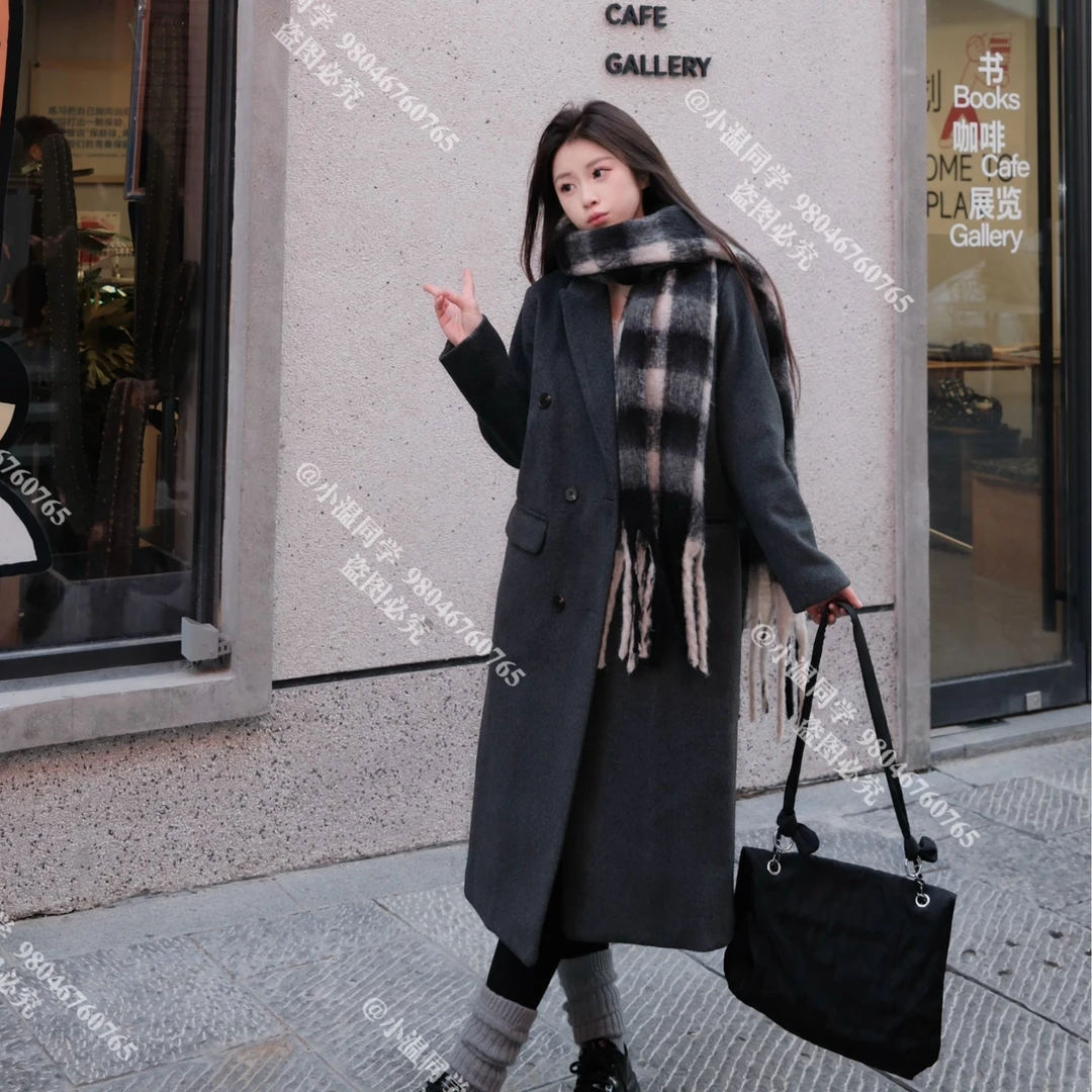 【温温】灰色毛呢大衣正肩外套女高级感长款西装呢子韩版小个子
