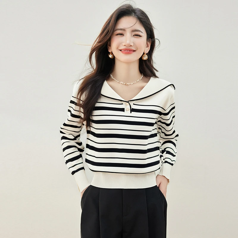 【CLOTHING/原创设计】海军领条纹针织衫上衣女秋季百搭显瘦毛衣