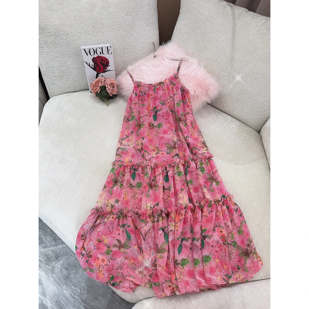 DC【吊带碎花裙】桃粉色轻奢设计师秋冬时尚碎花长裙