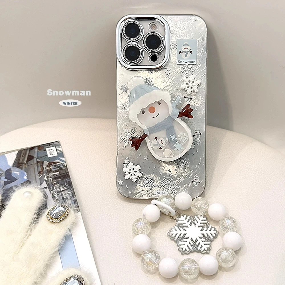 立体雪花防摔15promax手机壳适用苹果16雪人摇摇乐支架13挂链14硬