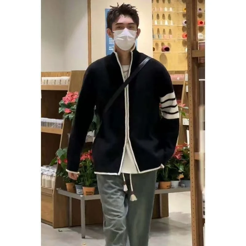 韩版潮牌开衫羊毛男2025秋冬季新款立领针织衫港风ins宽松外套衫