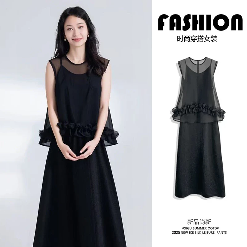 黑色吊带连衣裙女轻奢高级感气质套装巨好看罩衫薄纱上衣搭配裙子