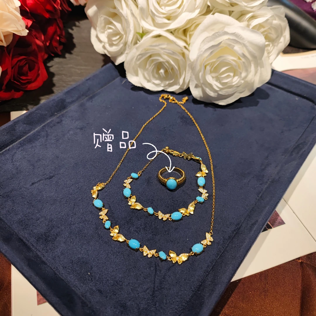 铜合金合成锆石项链 拉丝蝴蝶松松灵动气质复古项链手链开口戒