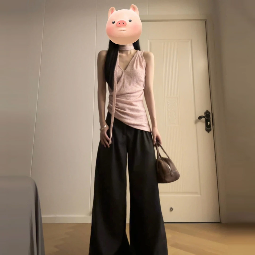 粉色吊带背心t恤女夏季2025新款独特漂亮韩里韩气设计感小众上衣