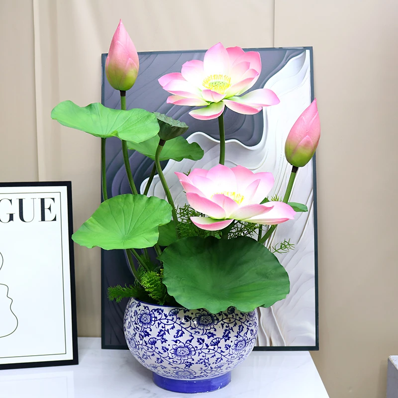 大盆保湿手感荷花中式风格仿真莲花客厅电视柜花艺摆件装饰花盆景