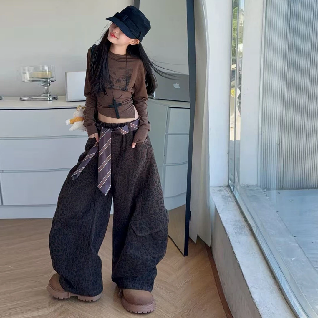 【酷哒仔】女童琥珀流光领带豹纹工装裤长袖上衣两件套装2025秋季潮